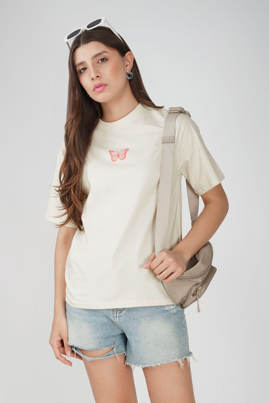 Cotton oversized Tshirt Half White - Butterfly