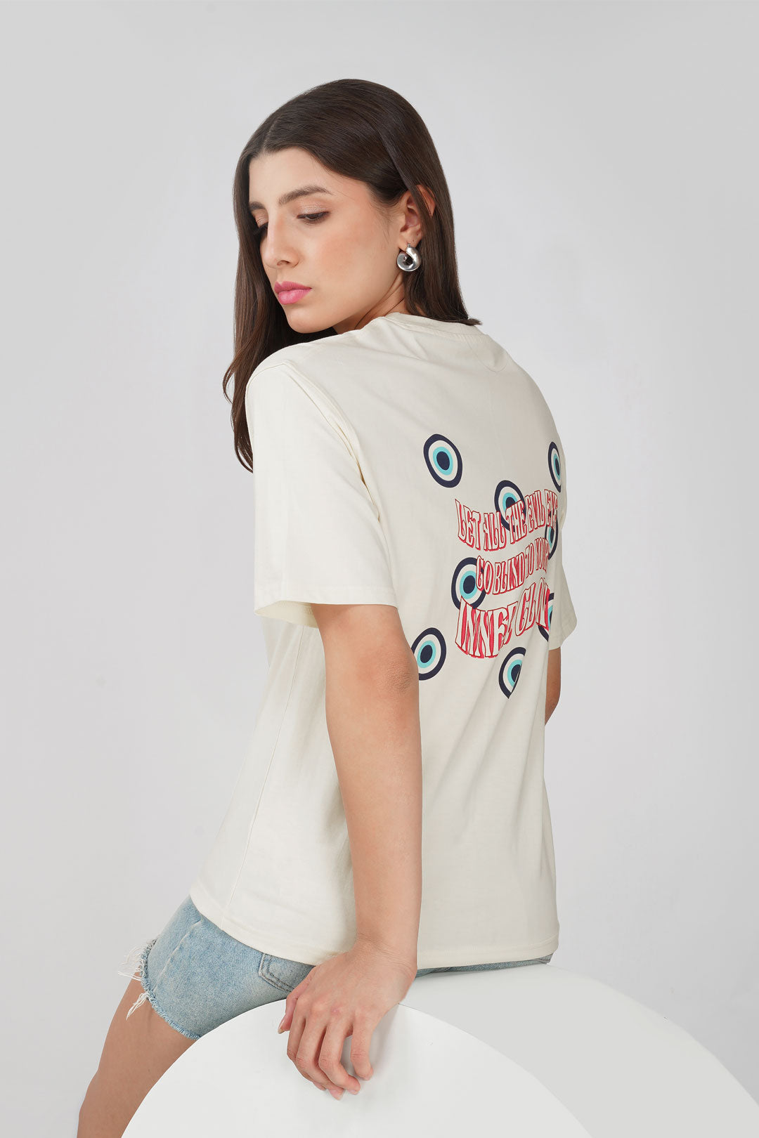 Cotton oversized Tshirt Half white - Evil eyes