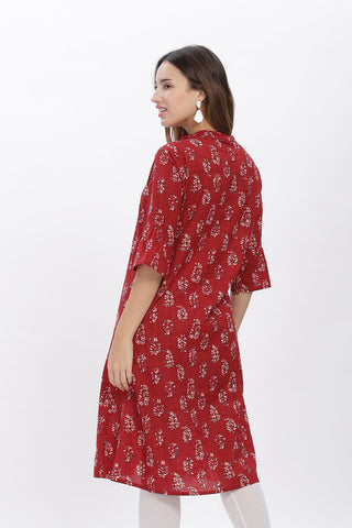 Flowy A-Line Kurta: Leaf Print -  Red