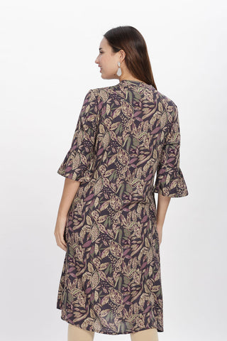 Flowy A-Line Kurta: Leafy leaves print - Mauve