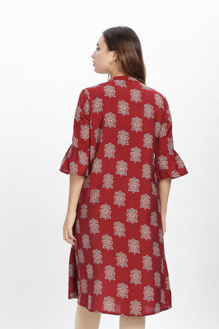 Flowy A-Line Kurta: Indian motif print - Red