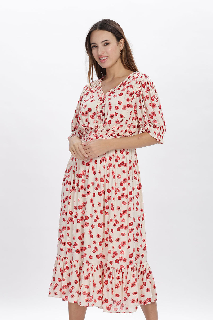 Crimson Blossom Petal Maxi Dress