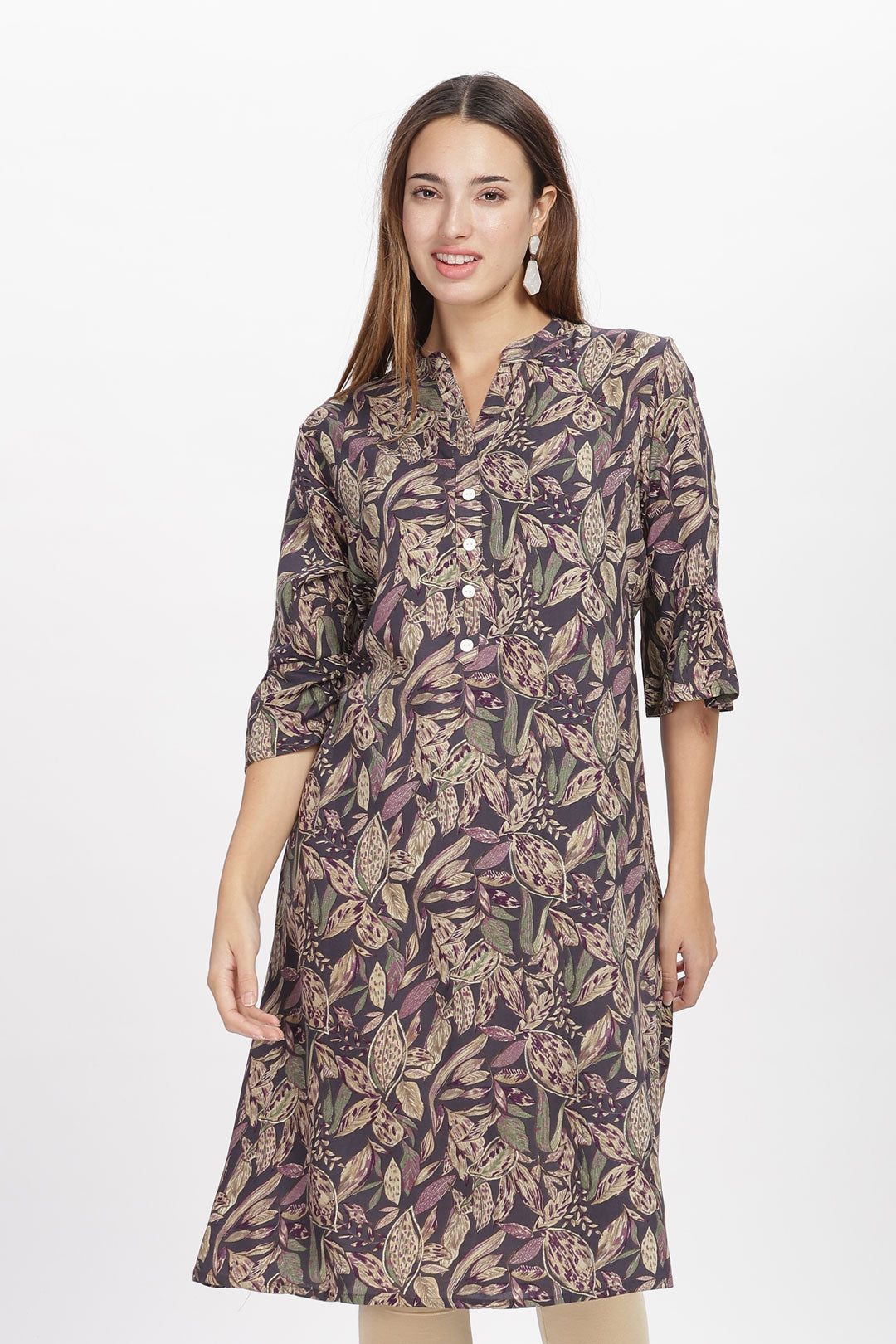 Flowy A-Line Kurta: Leafy leaves print - Mauve