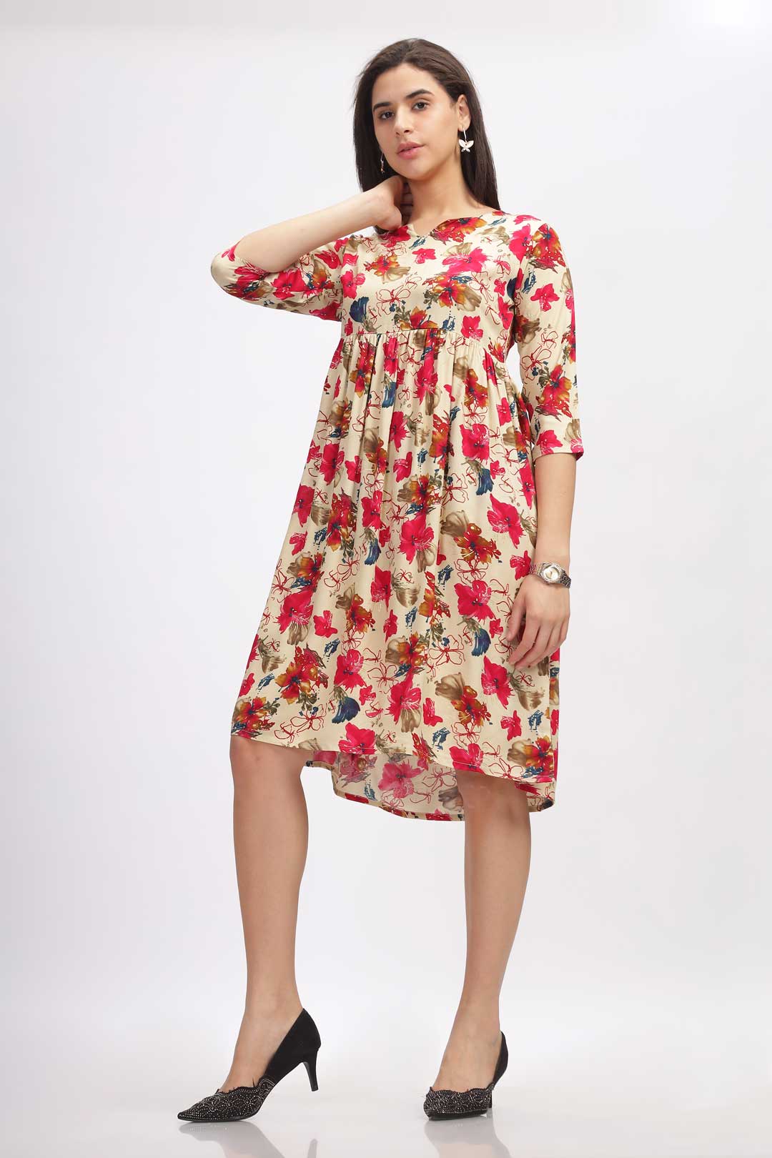 Viscose Summer Mini Dress - Red Floral Sketch