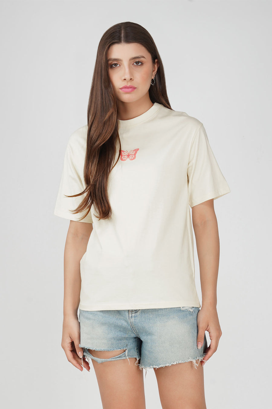 Cotton oversized Tshirt Half White - Butterfly