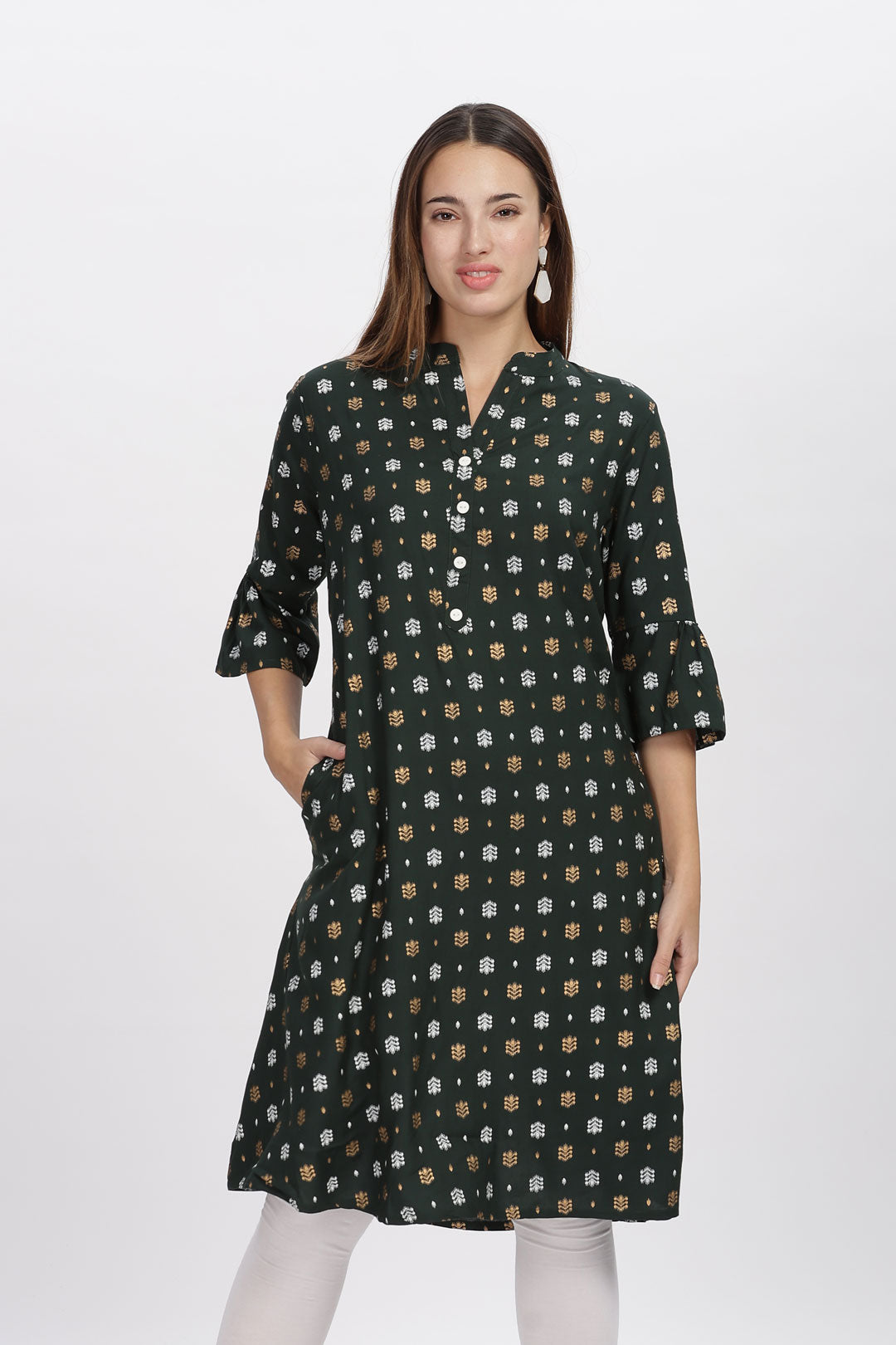Flowy A-Line Kurta: White & Yellow motif print