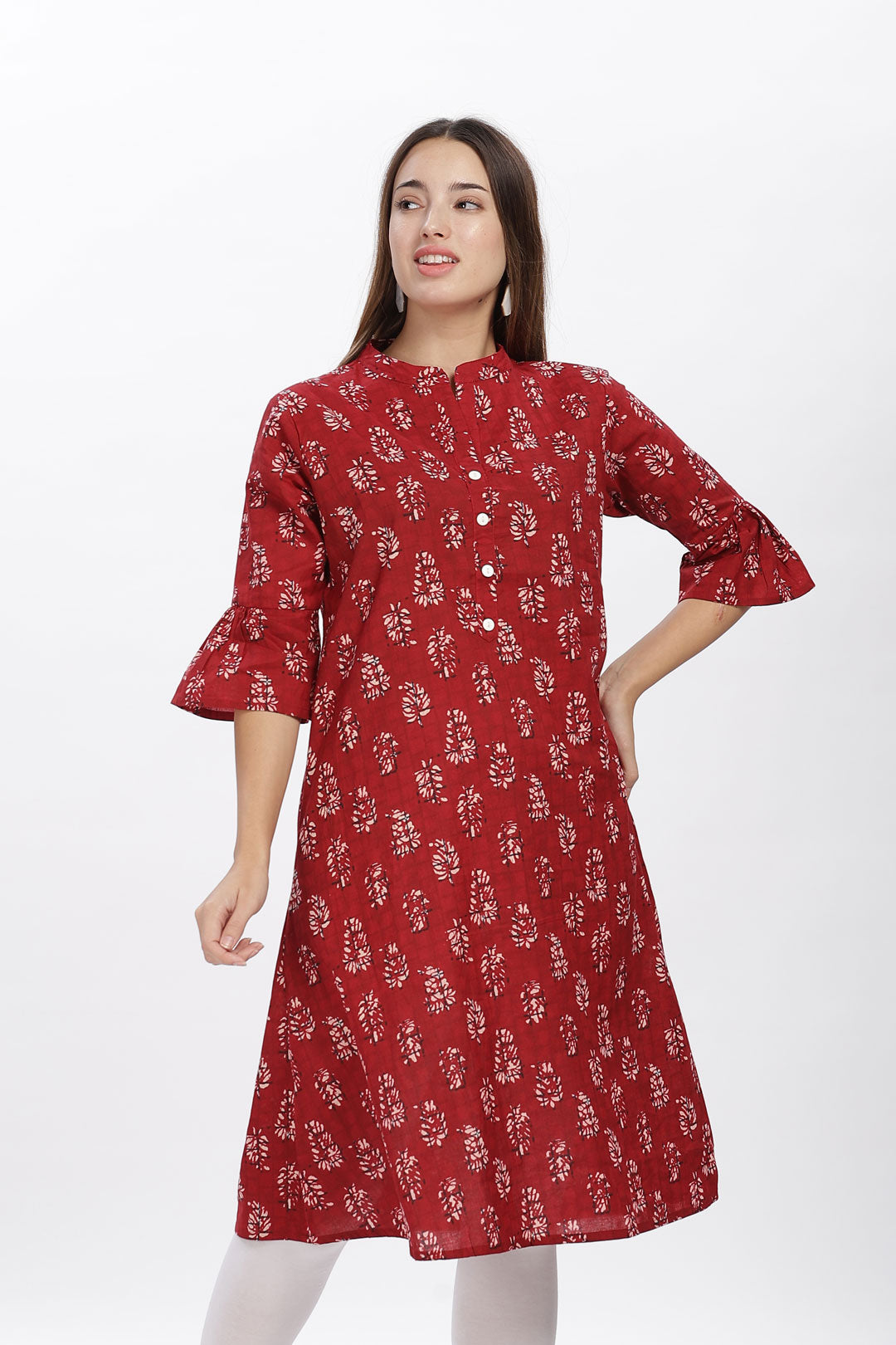 Flowy A-Line Kurta: Leaf Print -  Red