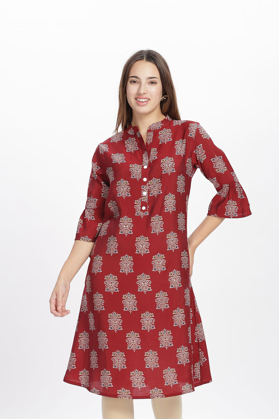 Flowy A-Line Kurta: Indian motif print - Red