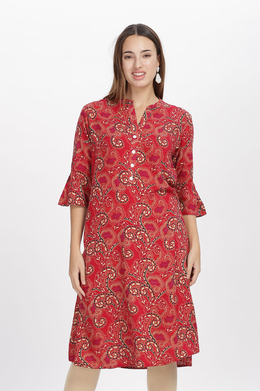 Flowy A-Line Kurta: Curvy lines motif print-Red