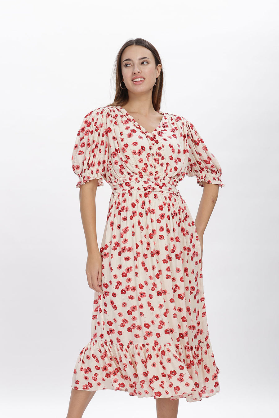 Crimson Blossom Petal Maxi Dress