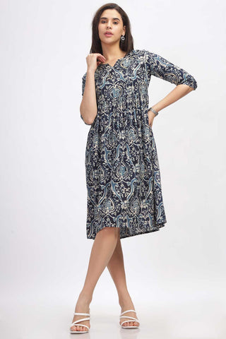 Viscose Summer Mini Dress - Damask Blue