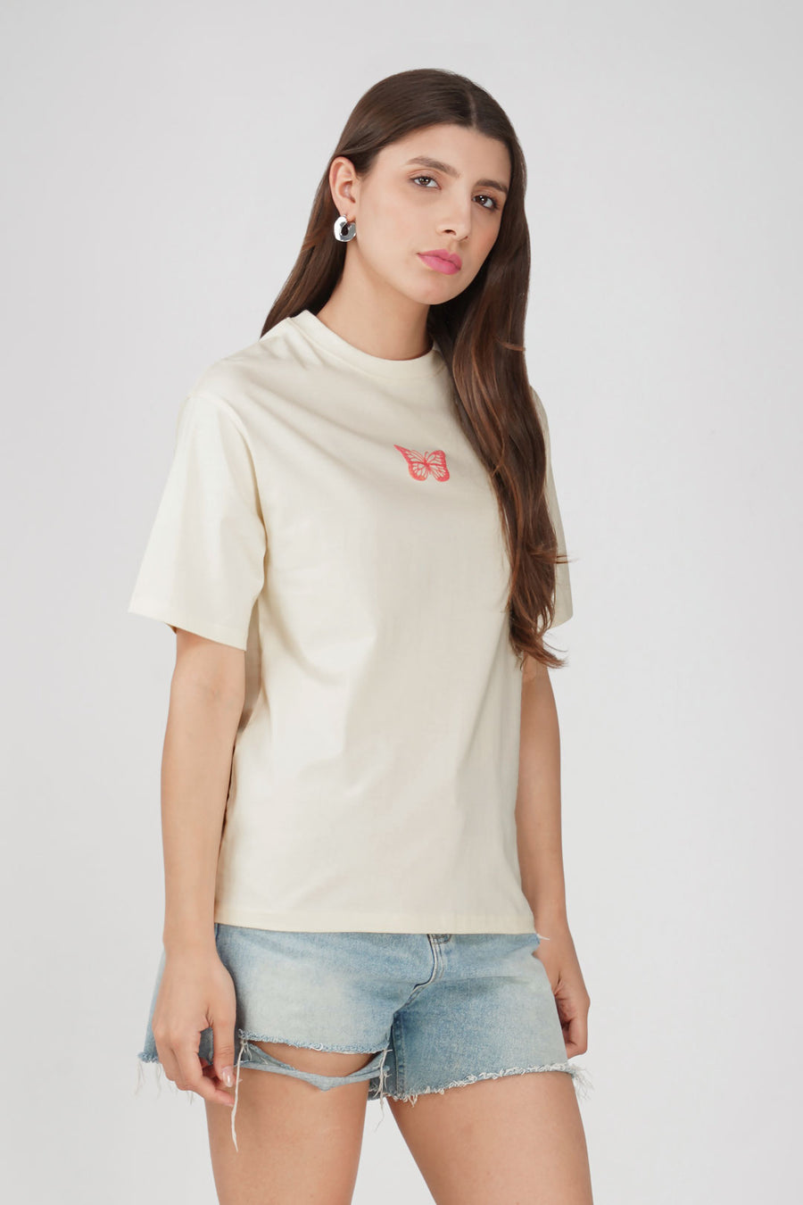 Cotton oversized Tshirt Half White - Butterfly
