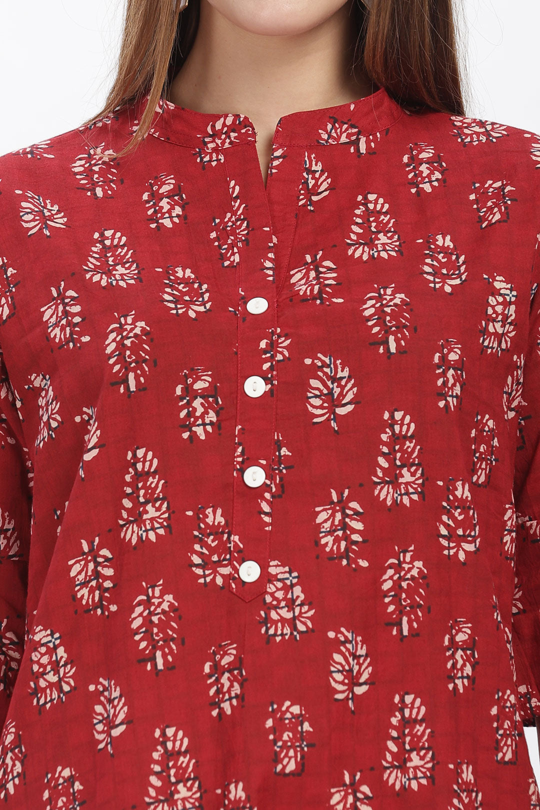 Flowy A-Line Kurta: Leaf Print -  Red