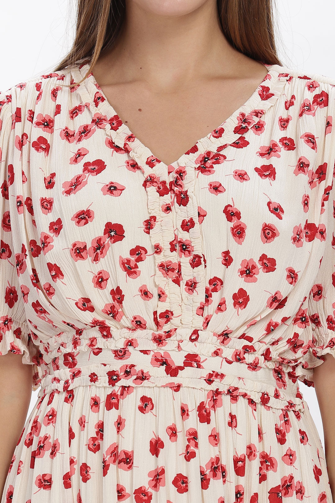 Crimson Blossom Petal Maxi Dress