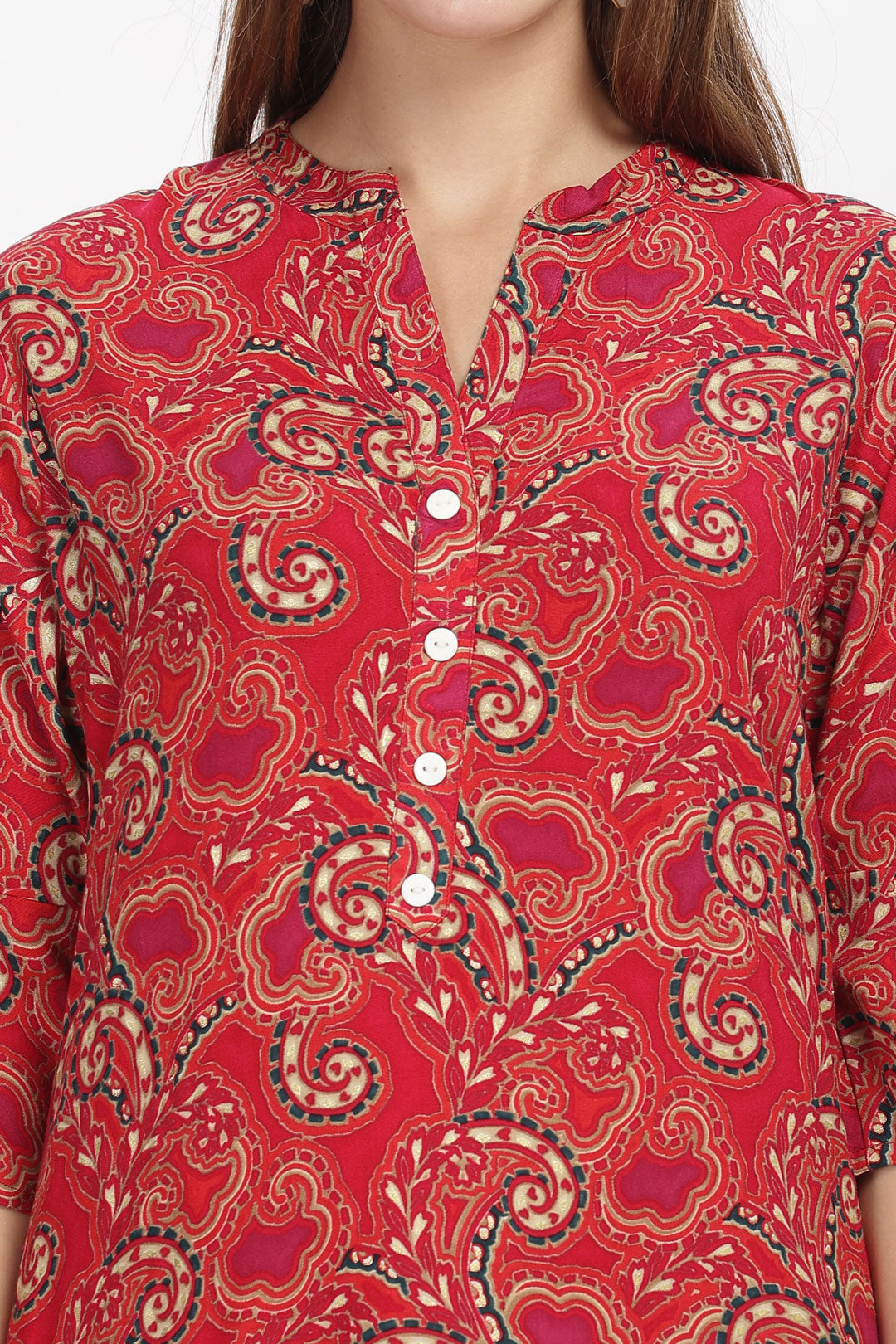 Flowy A-Line Kurta: Curvy lines motif print-Red
