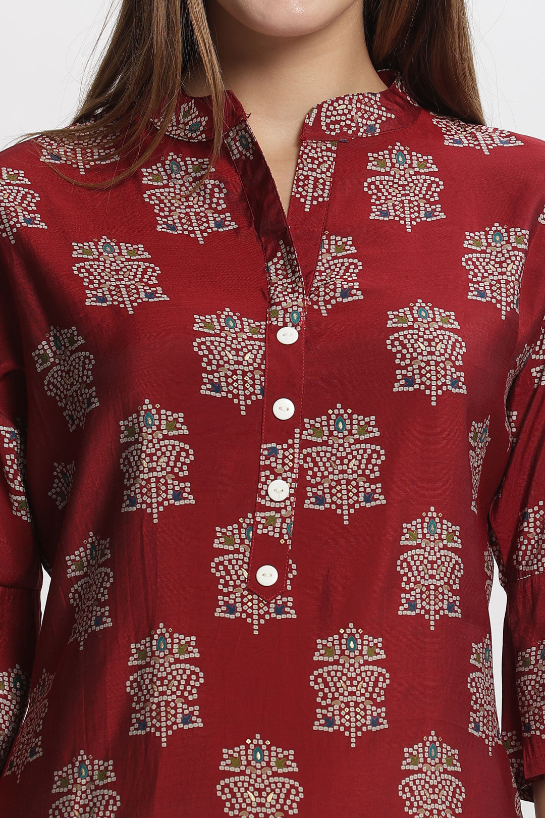 Flowy A-Line Kurta: Indian motif print - Red