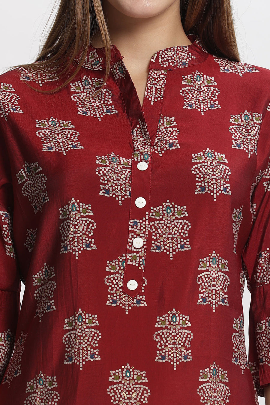 Flowy A-Line Kurta: Indian motif print - Red