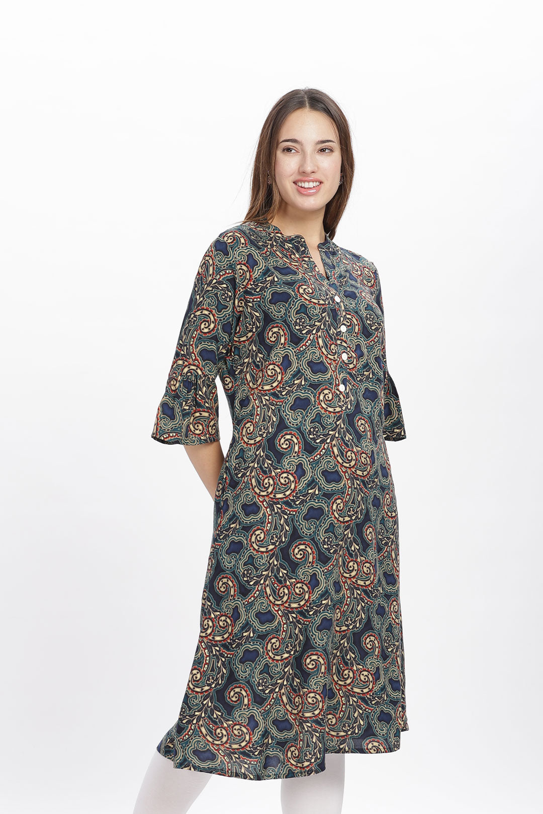 Flowy A-Line Kurta: Curvy lines motif print-Blue