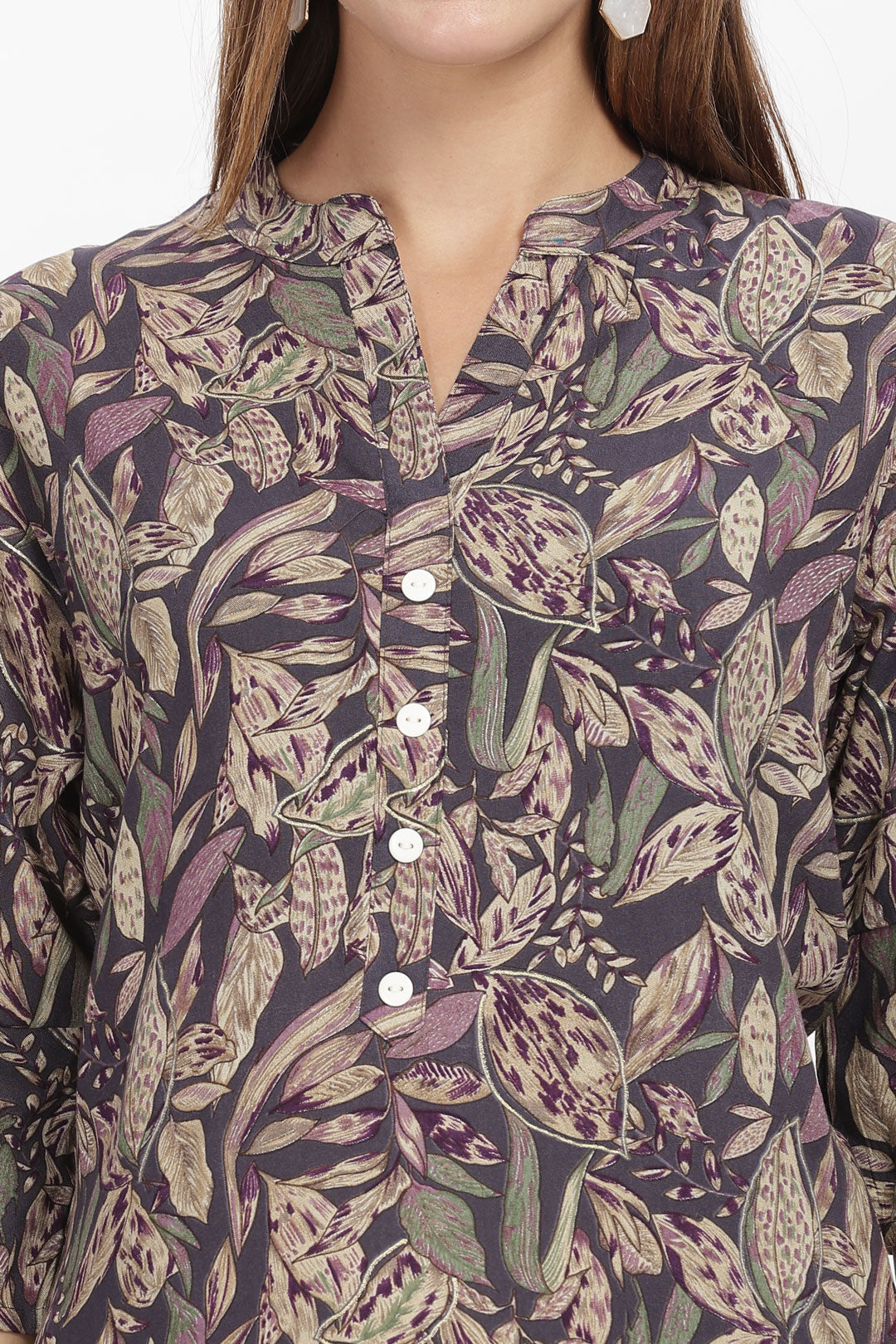 Flowy A-Line Kurta: Leafy leaves print - Mauve