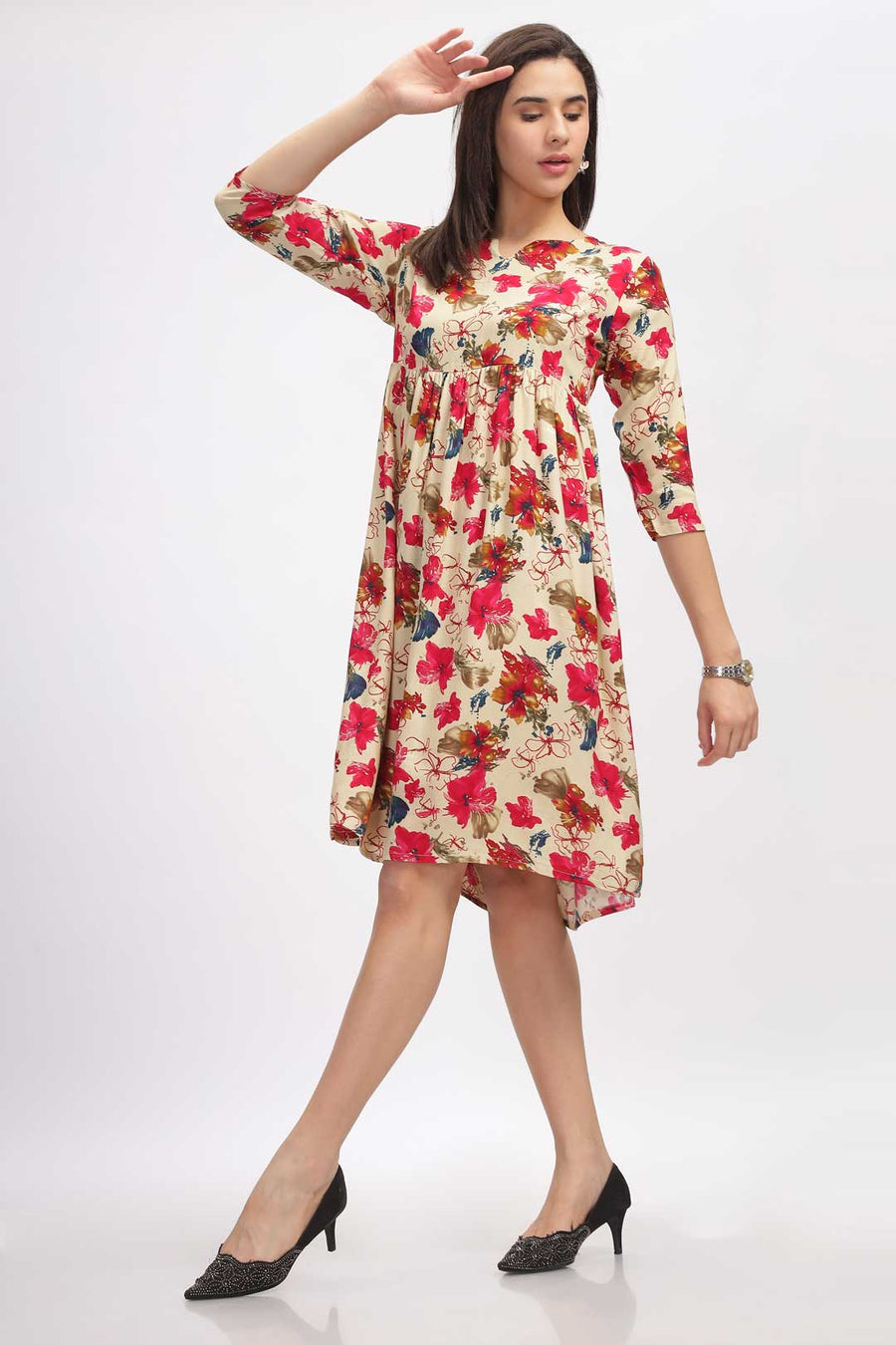 Viscose Summer Mini Dress - Red Floral Sketch