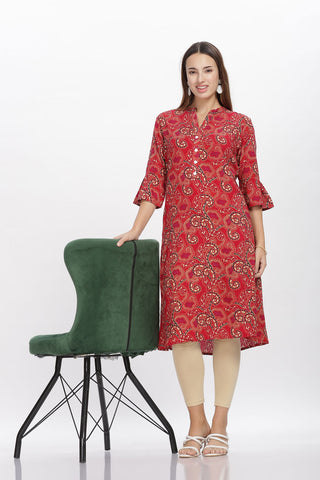 Flowy A-Line Kurta: Curvy lines motif print-Red