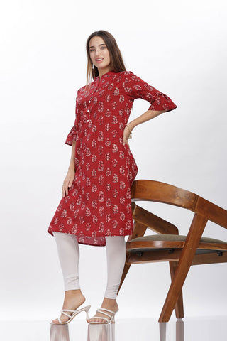 Flowy A-Line Kurta: Leaf Print -  Red