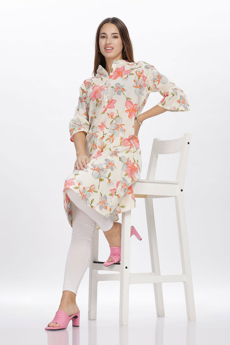 Flowy A-Line Kurta: Pink Floral