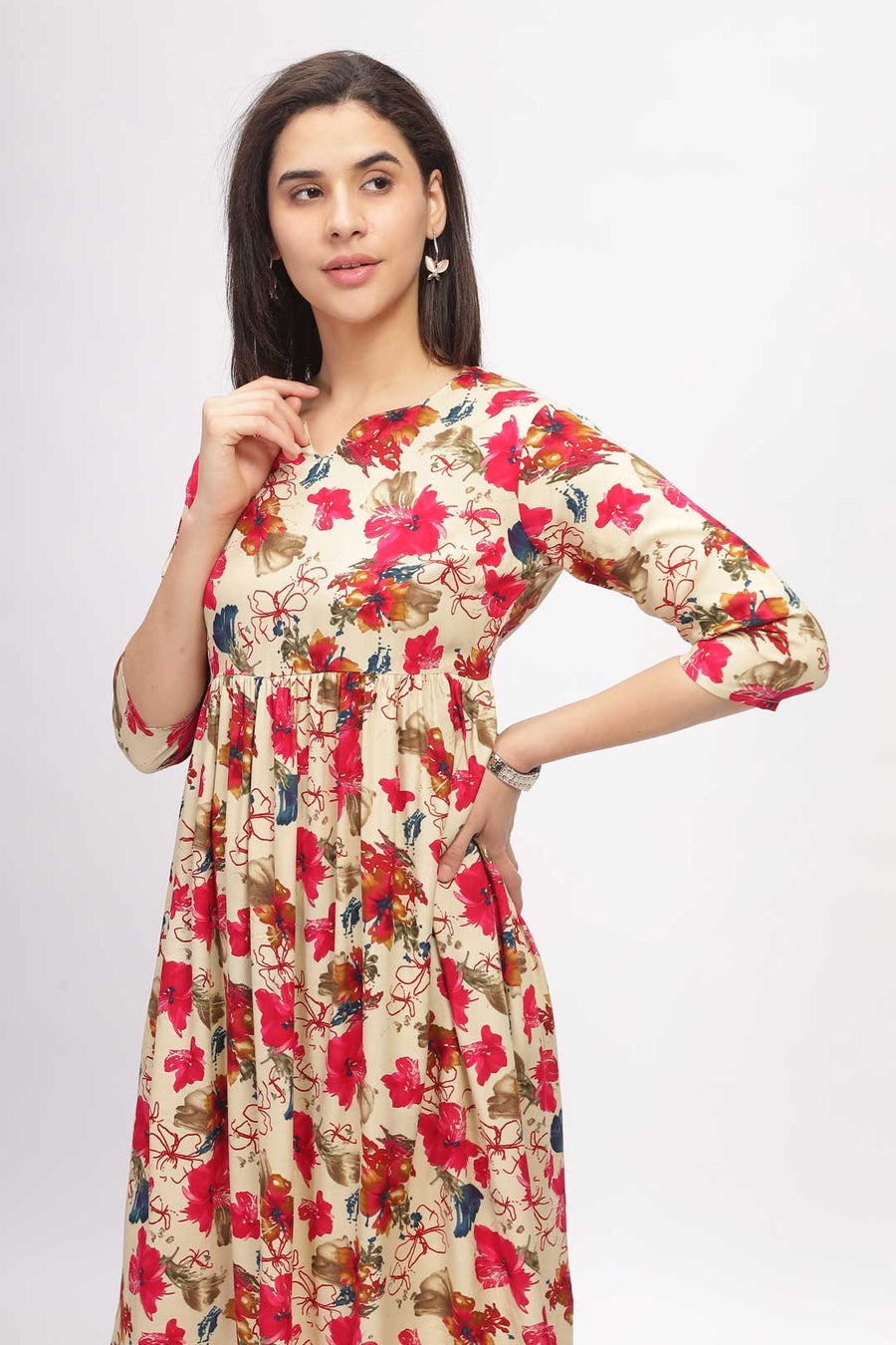 Viscose Summer Mini Dress - Red Floral Sketch