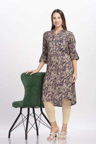 Flowy A-Line Kurta: Leafy leaves print - Mauve