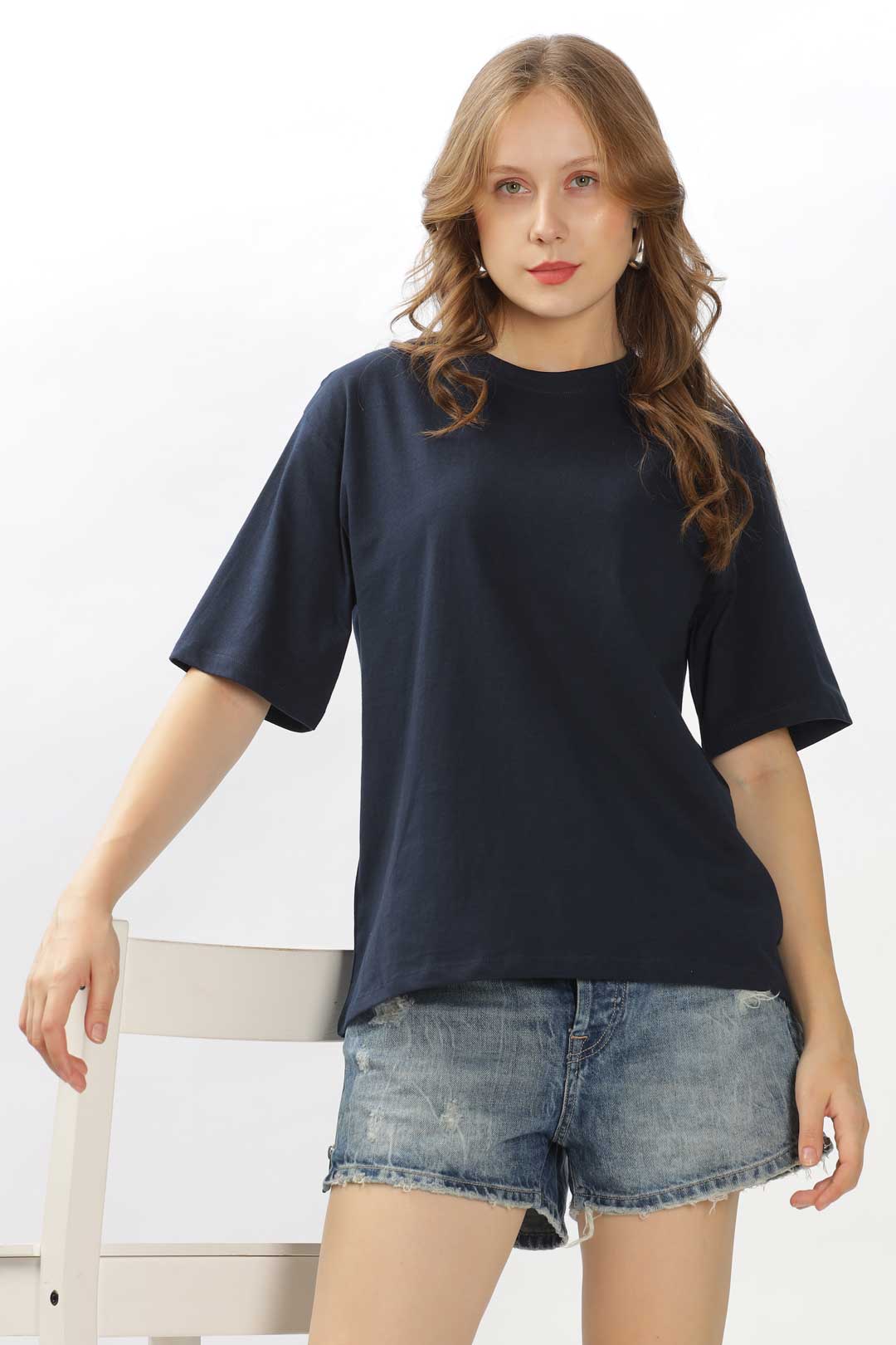 Oversized combed cotton solid Tshirt - Midnight Blue