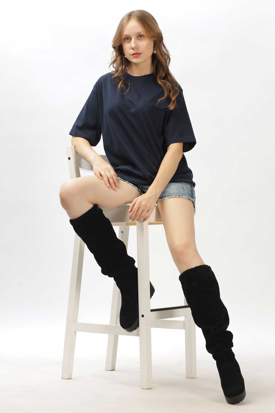 Oversized combed cotton solid Tshirt - Midnight Blue