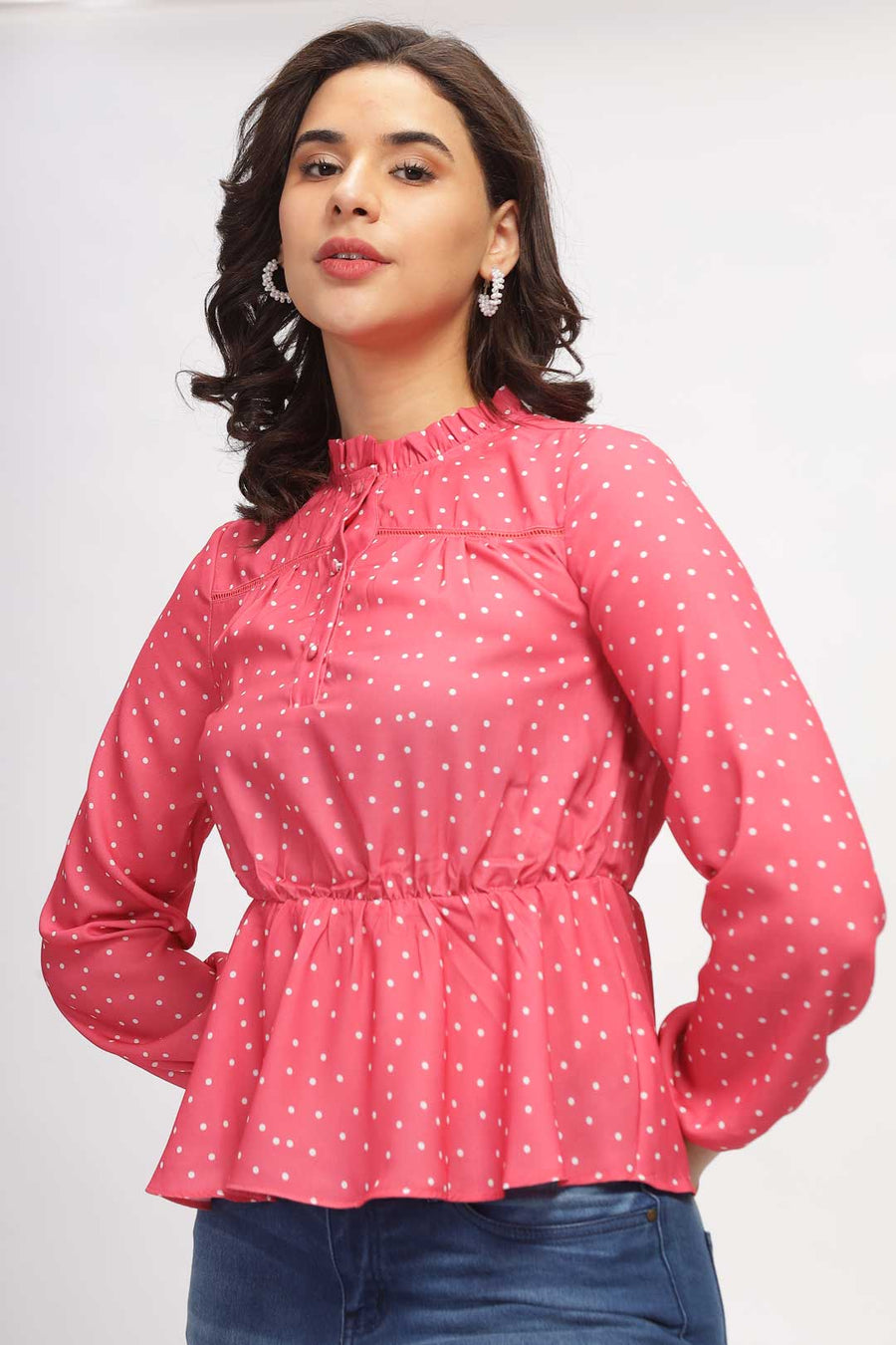 High Neck Peplum Top - Pink