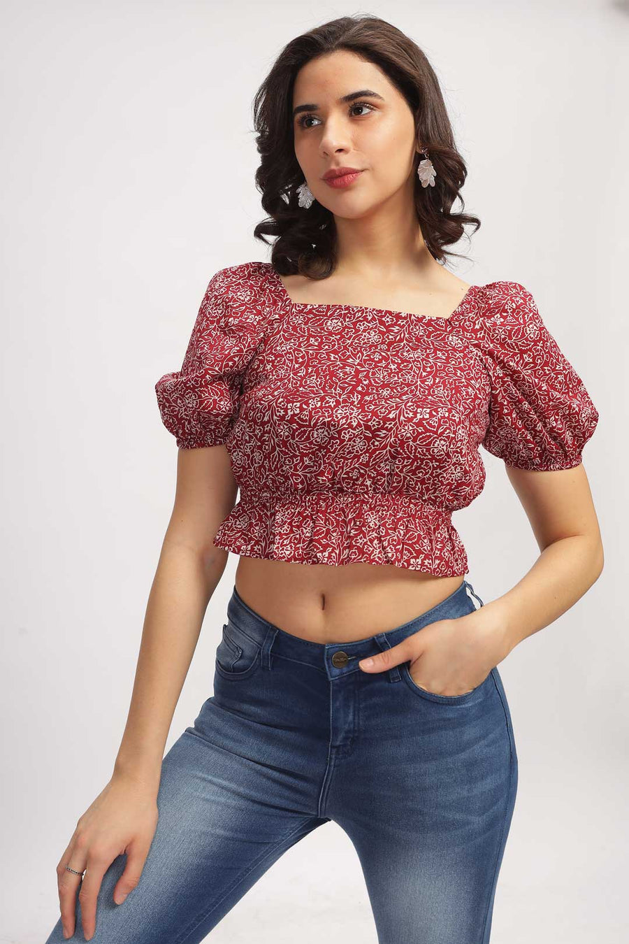 Floral peplum top - Dark Red