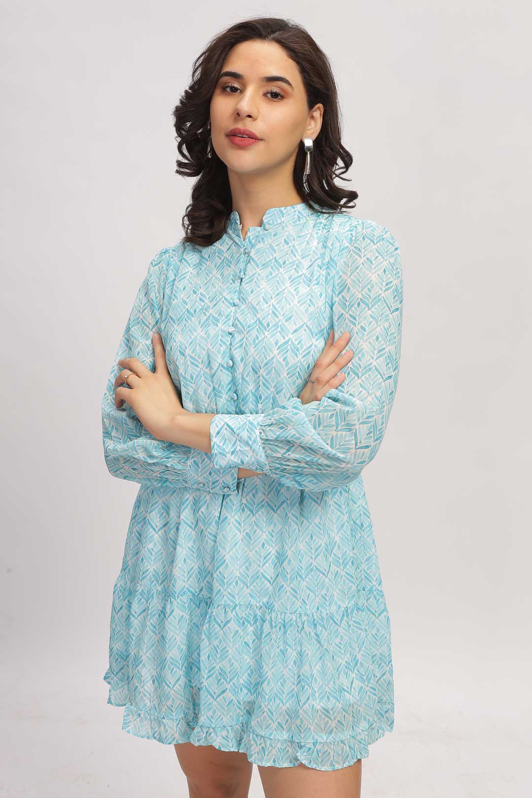 Georgette Abstract Mini Dress - Aqua Blue