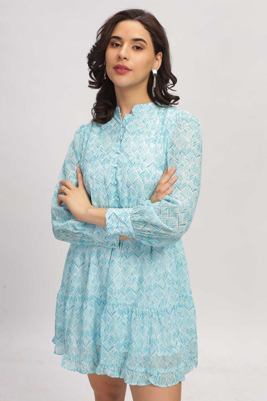 Georgette Abstract Mini Dress - Aqua Blue