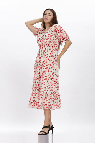 Crimson Blossom Petal Maxi Dress