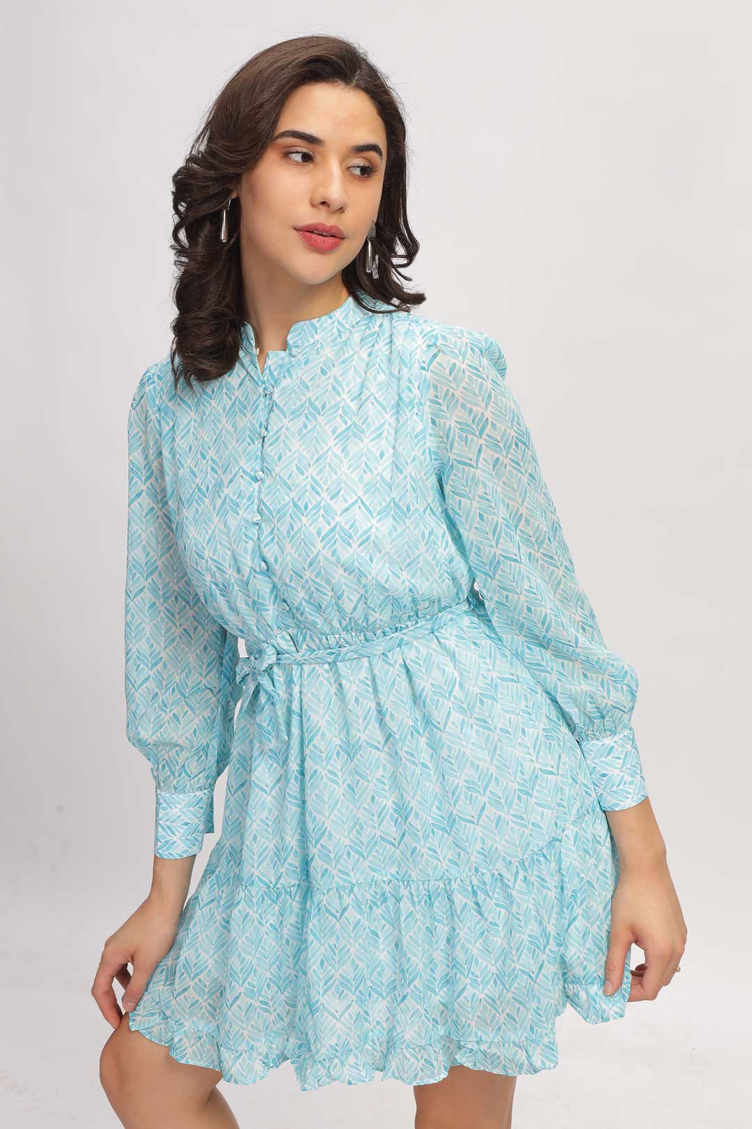 Georgette Abstract Mini Dress - Aqua Blue