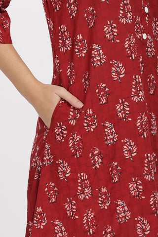 Flowy A-Line Kurta: Leaf Print -  Red