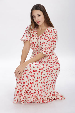 Crimson Blossom Petal Maxi Dress