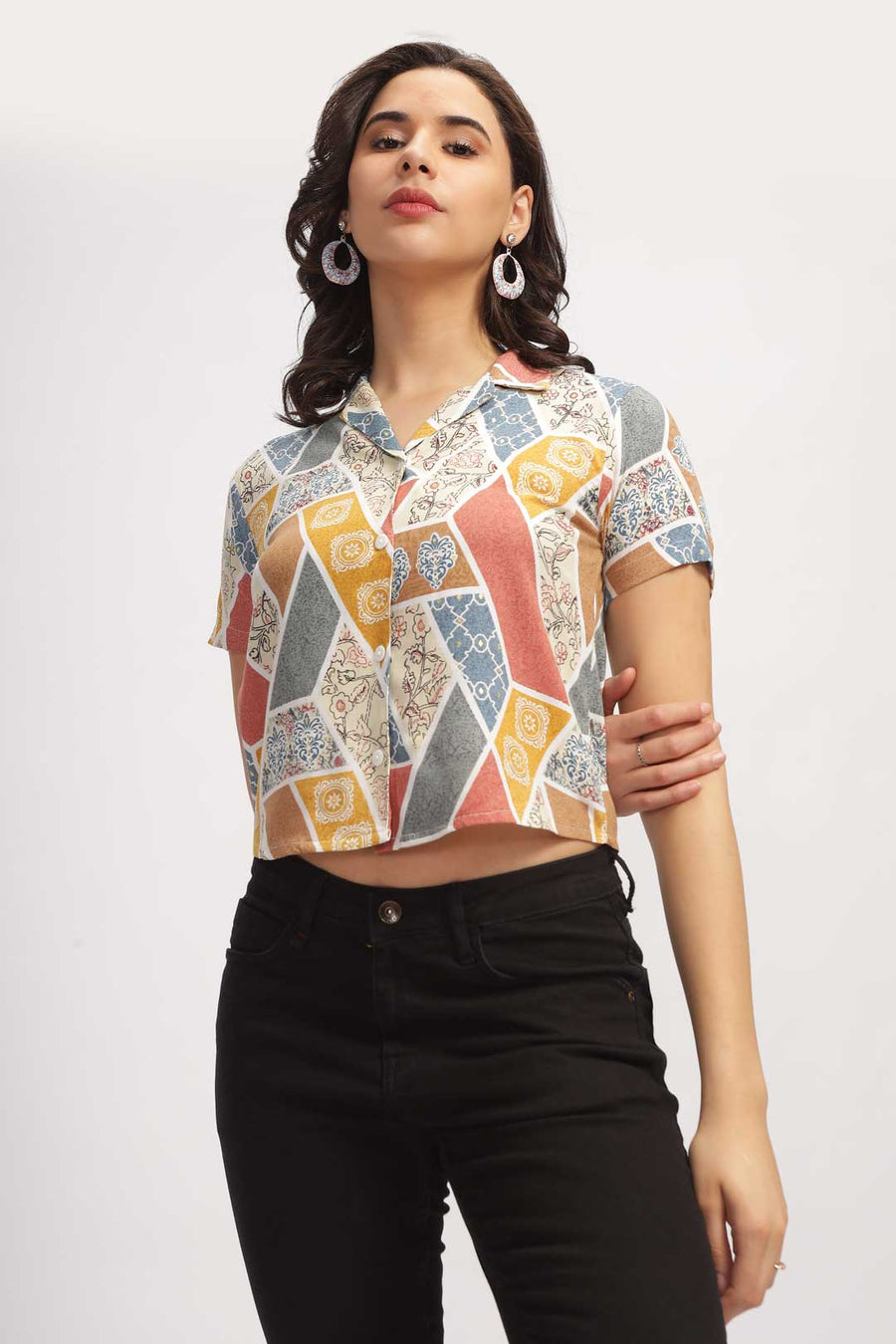 Geo Print Shirt - Beige & Red