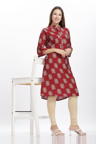 Flowy A-Line Kurta: Indian motif print - Red