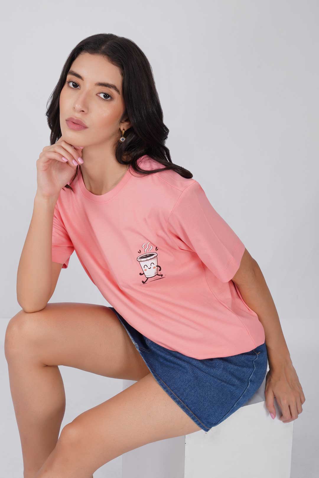 Cotton Relaxed fit Tshirt - Peach - Happiness is cup of coffee