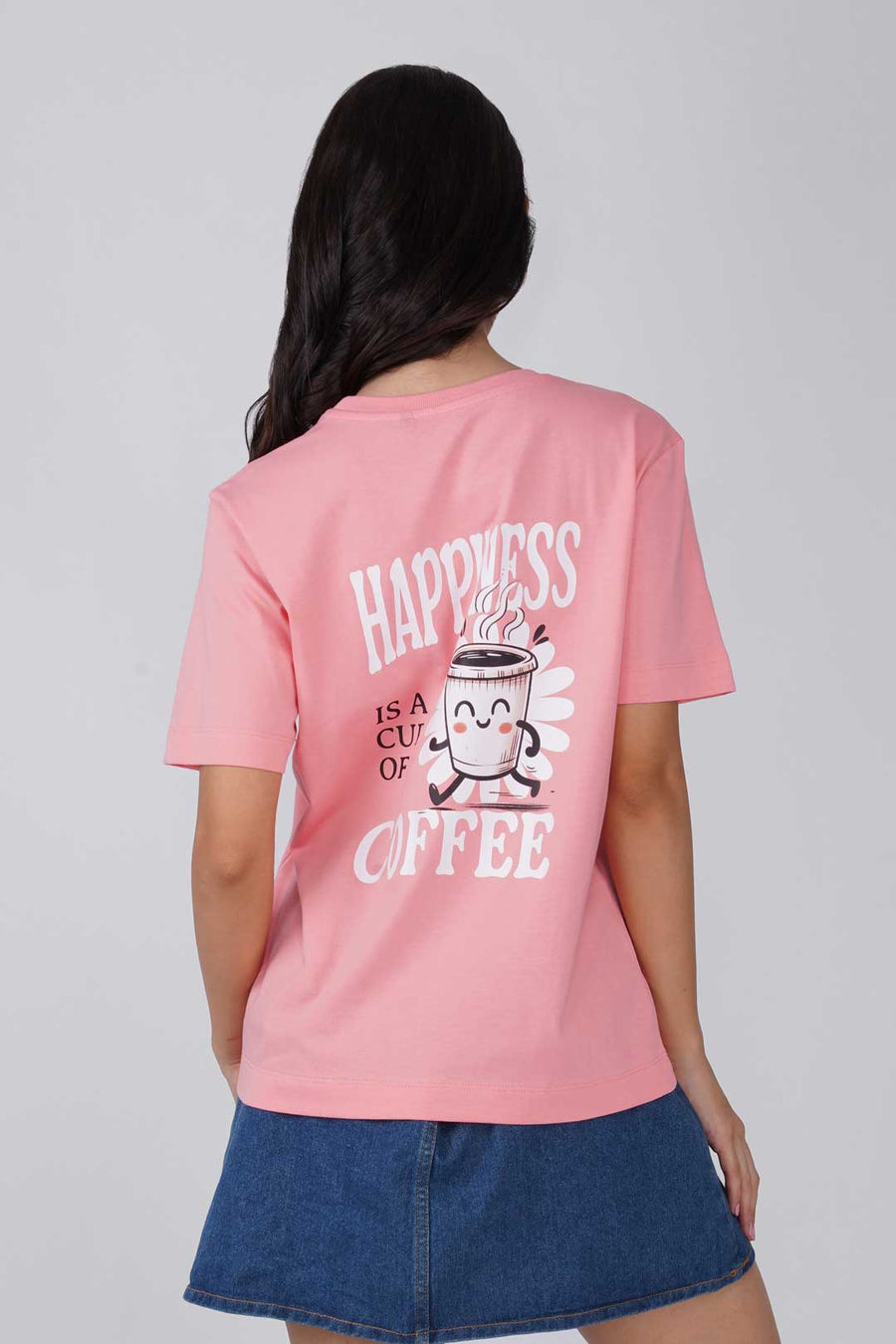 Cotton Relaxed fit Tshirt - Peach - Happiness is cup of coffee