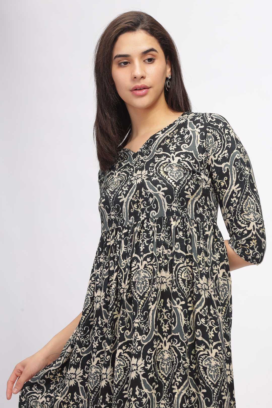 Viscose Summer Mini Dress - Damask Black