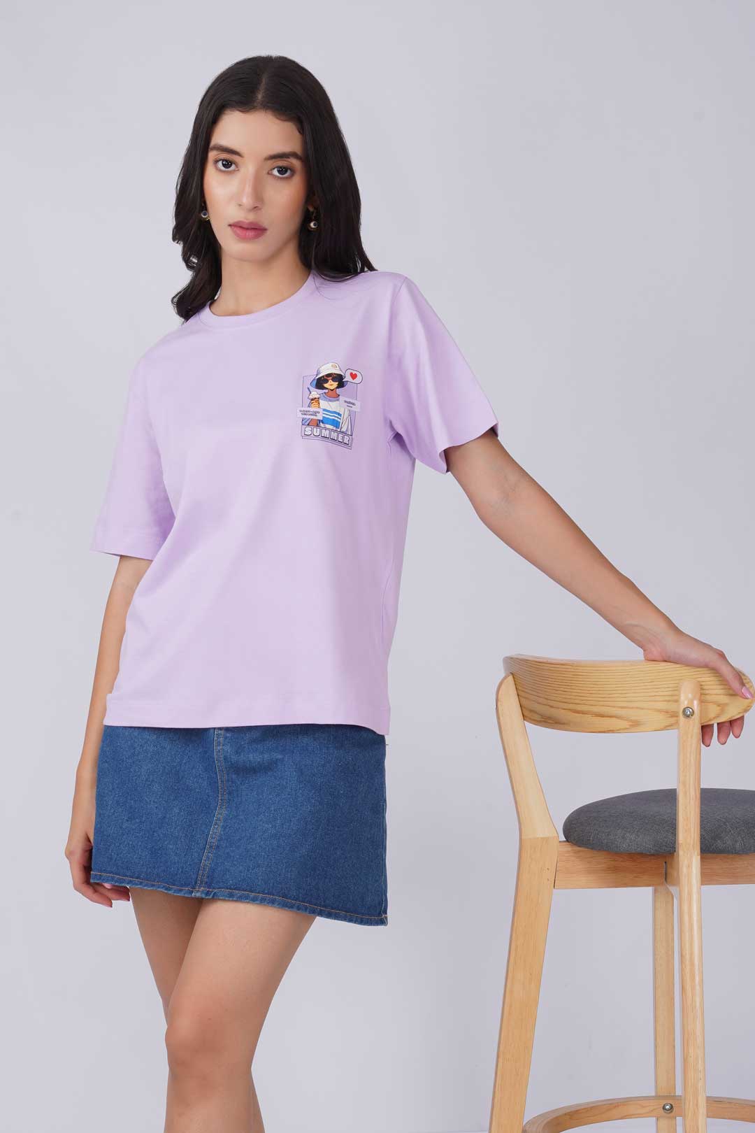 Cotton relaxed fit Tshirt - Lilac - Hat Girl with Icecream Summer