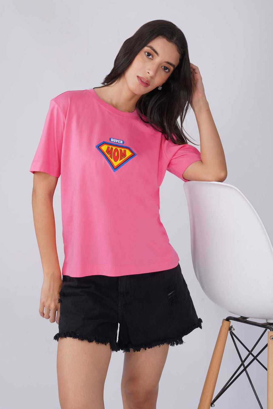 Cotton Oversized Tshirt - Pink - SUPER MOM
