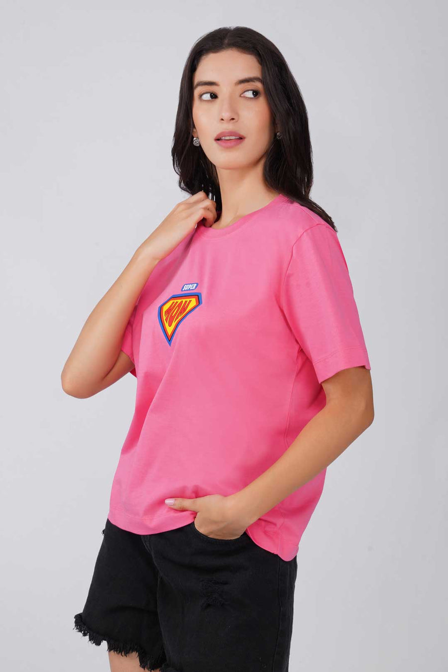Cotton Oversized Tshirt - Pink - SUPER MOM