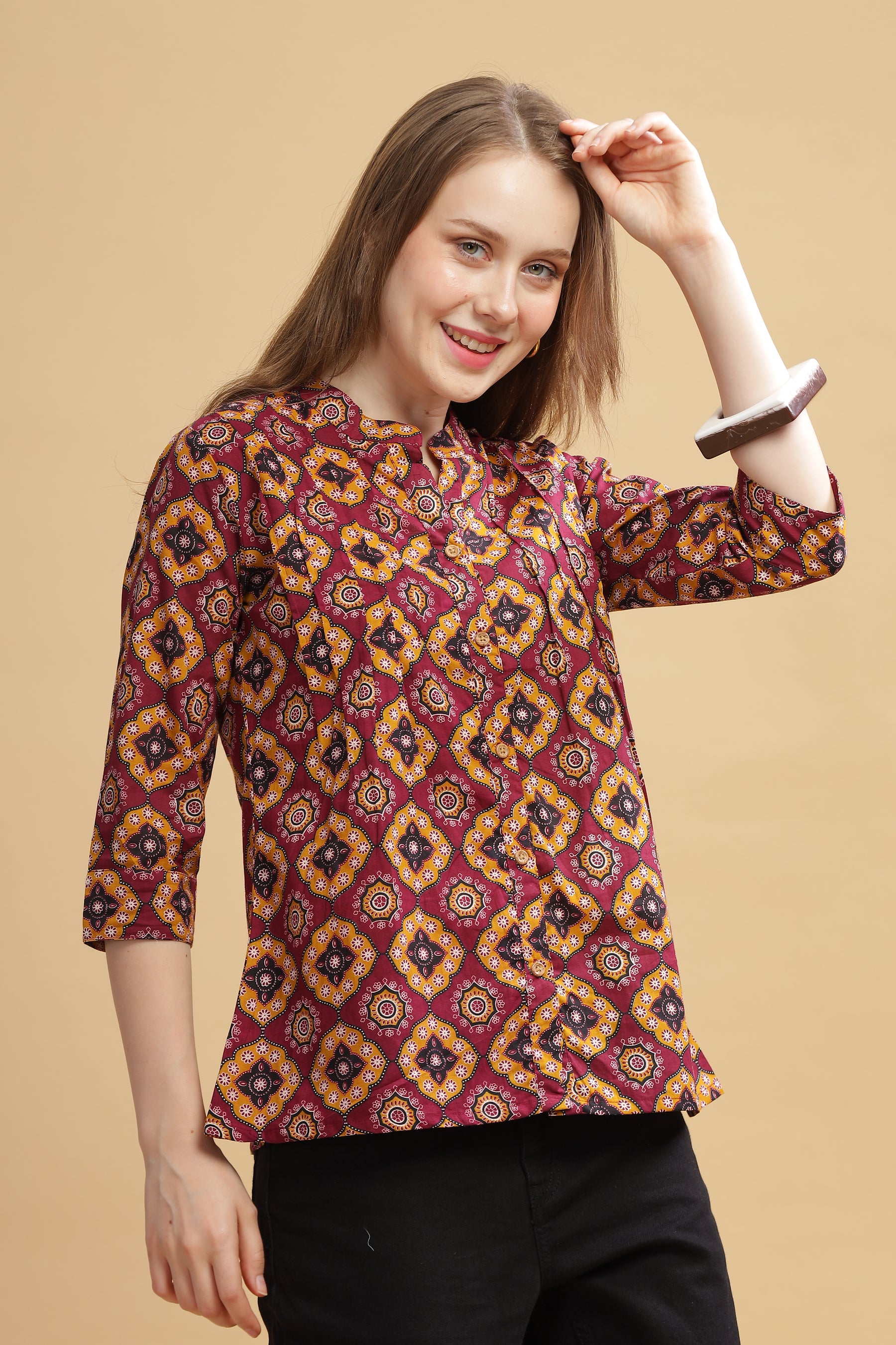 Cambric Cotton Full Sleeve Top - Burgundy