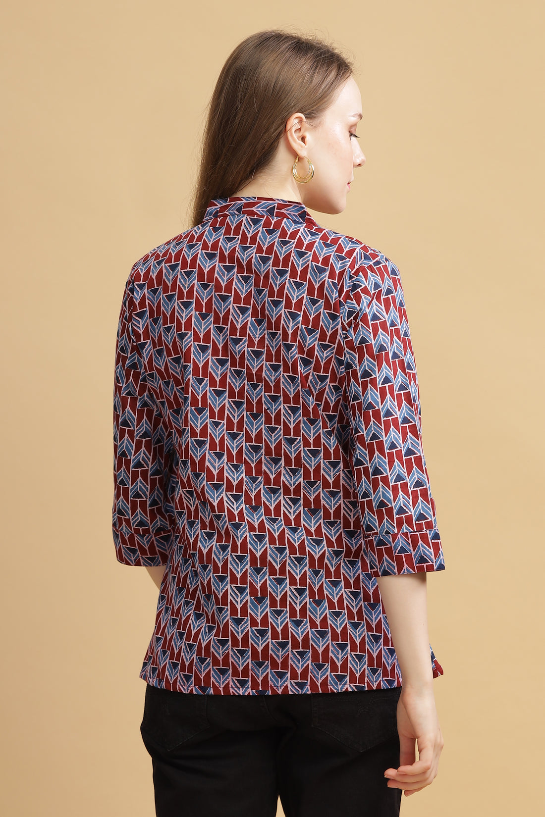 Cambric Cotton Full Sleeve Top - Abstract Maroon