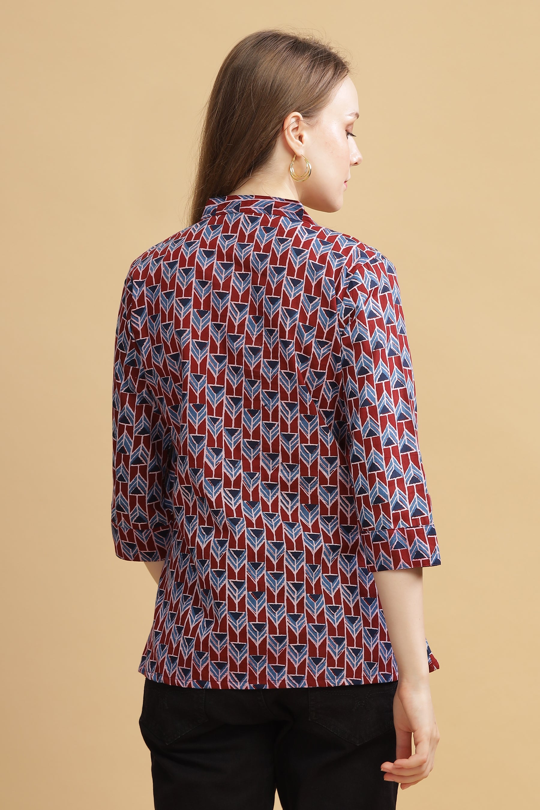 Cambric Cotton Full Sleeve Top - Abstract Maroon